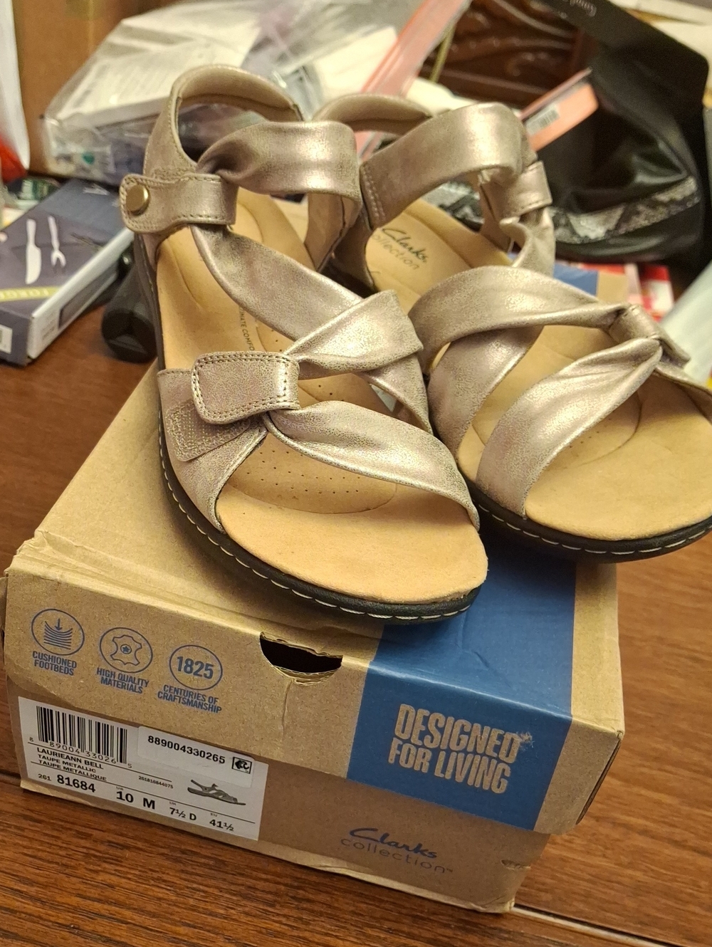 Clarks Laurieann Bell Metallic Taupe Strappy Comfort Sandals New